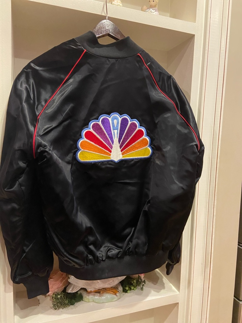 Black Vintage Satin Bomber Jacket with Colorful NBC Peacock Logo East West